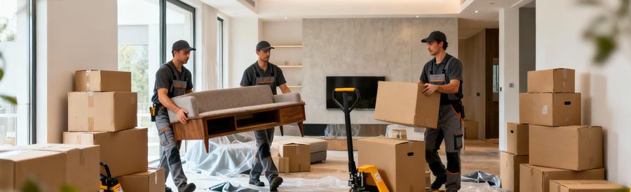 Équipe débarras professionnelle évacuant mobilier et cartons appartement, organisation méthodique intervention