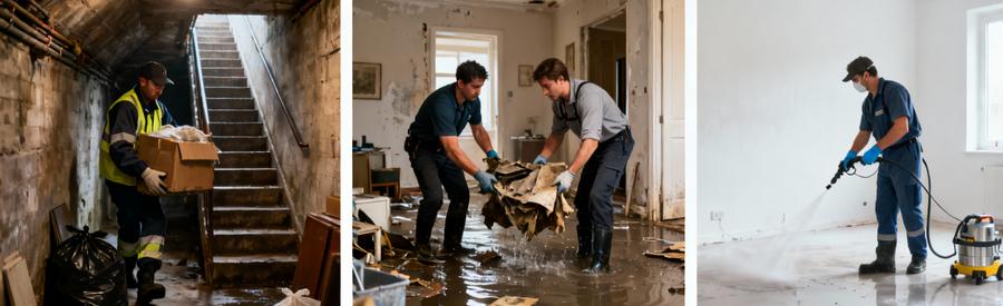 Triptyque interventions débarras : cave étroite, sinistre dégât eaux, nettoyage complet logement