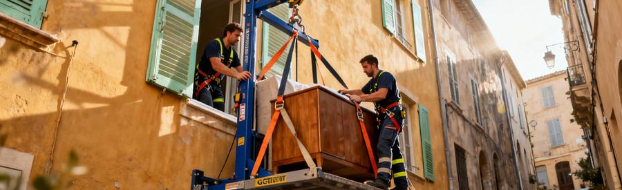 Débarrasseurs utilisant monte-meubles extérieur évacuation mobilier fenêtre immeuble ancien Antibes