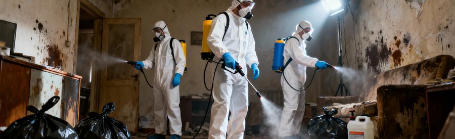 Techniciens EPI désinfectant logement Diogène, produits spécialisés et protocole sanitaire strict