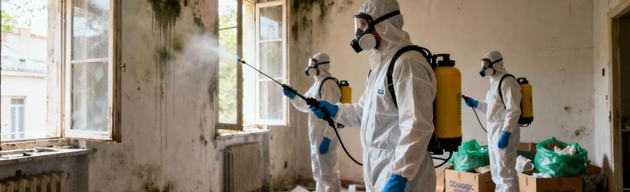 Équipe désinfection professionnelle assainissant logement syndrome Diogène, tenues protection EPI complètes