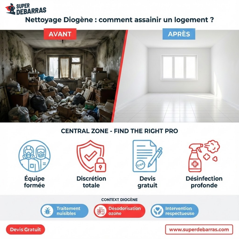 Infographie nettoyage syndrome Diogène : avant/après logement insalubre, services désinfection et devis gratuit professionnel