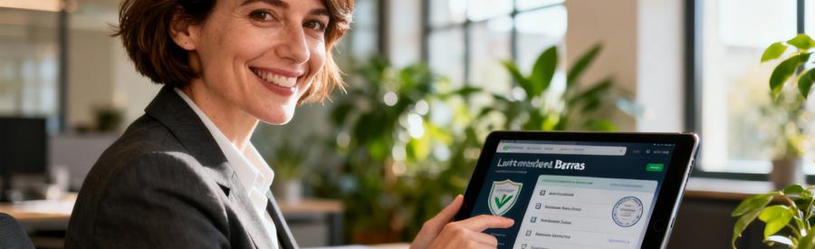 Consultante plateforme débarras vérifiant liste prestataires qualifiés sur tablette, bureau moderne