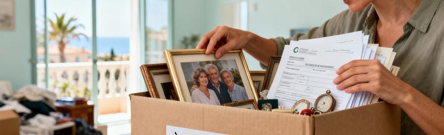 Personne regroupant objets personnels et documents dans carton avant débarras appartement