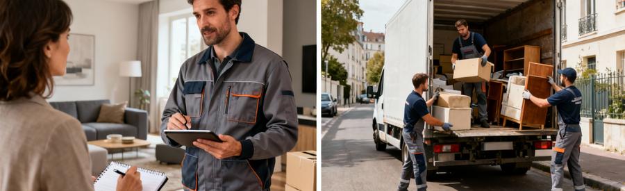 Diptyque processus débarras : visite expert conseil client puis équipe évacuant encombrants