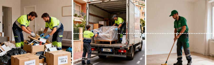 Triptyque intervention débarras : tri objets, chargement camion, nettoyage final