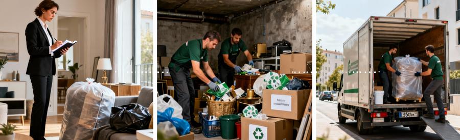 Triptyque processus débarras : évaluation expert, tri sélectif, évacuation encombrants camion