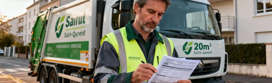 Débarrasseur professionnel vérifiant documents assurance devant camion, Saint-Quentin