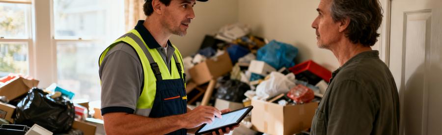 Professionnel débarras qualifié évaluant situation Diogène avec discrétion et empathie