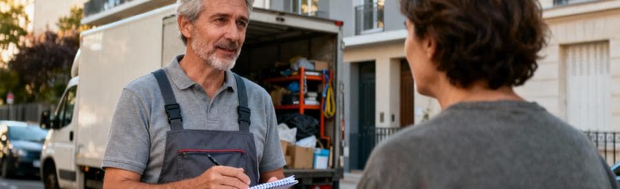 Professionnel Debarras Diogene Paris Specialise Professionnel débarras spécialisé Diogène échangeant avec client, approche bienveillante Paris