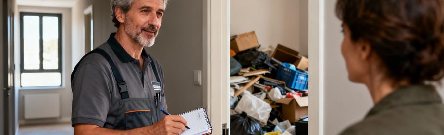 Professionnel débarras expérimenté évaluant situation Diogène avec discrétion et empathie