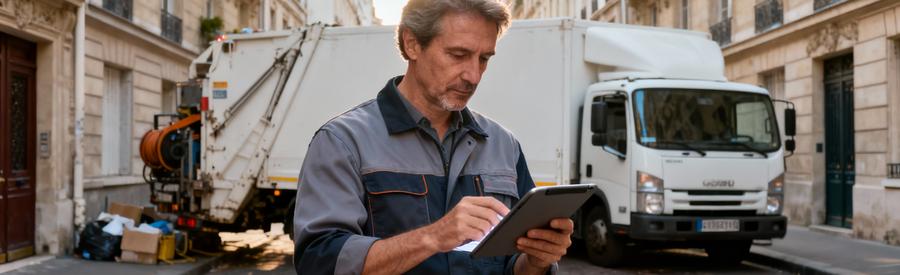 Professionnel débarras vérifiant planning intervention quartier urbain Paris, expertise logistique