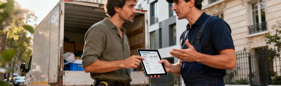 Client consultant devis débarras avec professionnel qualifié, tablette et camion équipé