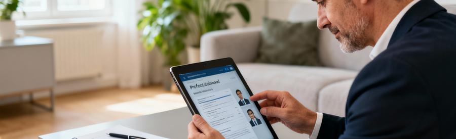 Client comparant profils débarrasseurs vérifiés sur tablette, choix professionnel éclairé Bordeaux