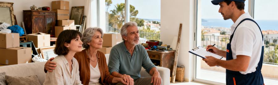 Situations Debarras Le Cannet Famille Professionnel Professionnel débarras conseillant famille salon encombré, consultation bienveillante