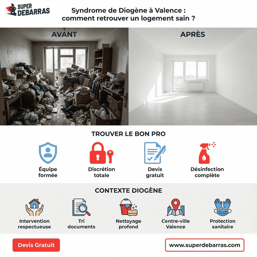Infographie débarras syndrome de Diogène à Valence : avant/après logement, services professionnels et intervention respectueuse