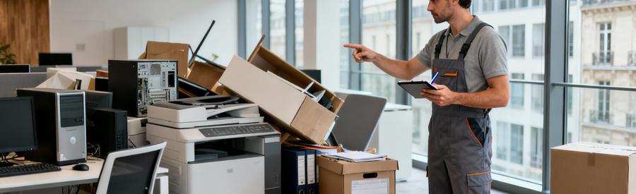 Professionnel évaluant volume mobilier bureaux pour devis débarras locaux Paris