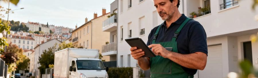 Débarrasseur établissant devis devant maison Lyon, camion et quartier résidentiel moderne