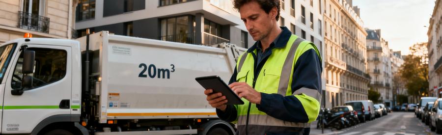 Professionnel débarras consultant devis devant camion, rue parisienne, contraintes logistiques urbaines