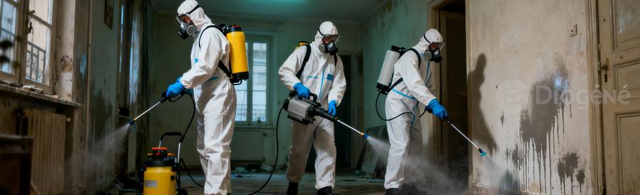 Équipe spécialisée nettoyage Diogène désinfectant logement insalubre, équipements protection