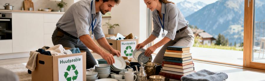 Professionnels triant objets débarras Haute-Savoie, catégorisation réutilisation recyclage