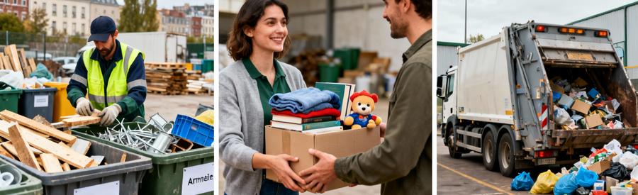 Triptyque débarras responsable : tri matériaux, don associations, recyclage spécialisé Armentières
