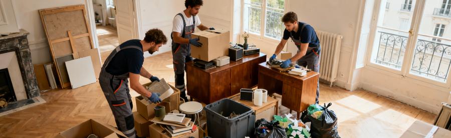 Équipe débarras organisant tri méthodique objets appartement, zones valorisation associations recyclage