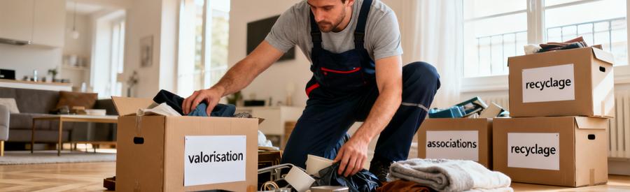 Professionnel effectuant tri méthodique objets débarras, catégories valorisation et recyclage