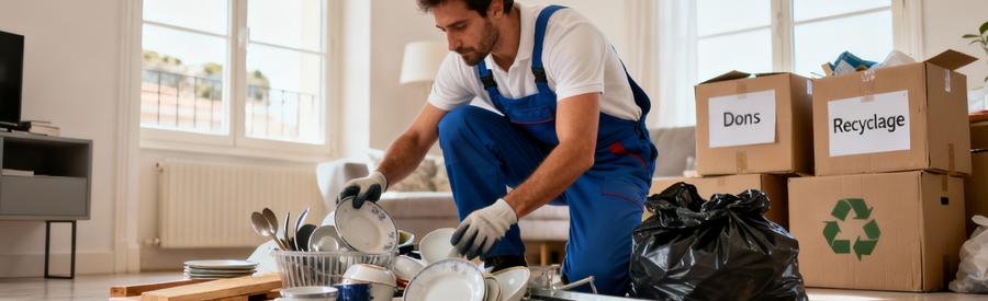 Professionnel triant encombrants débarras : objets réutilisables, recyclables et déchets séparés