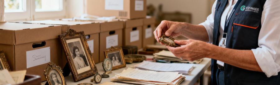 Professionnel triant avec soin objets personnels et souvenirs lors débarras, gestes respectueux