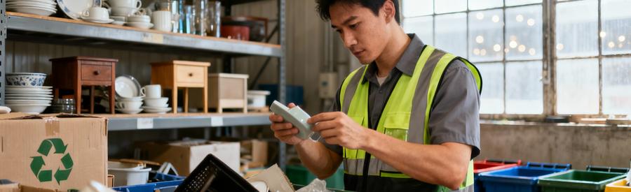 Professionnel triant objets débarras pour recyclage et valorisation, approche responsable économie circulaire