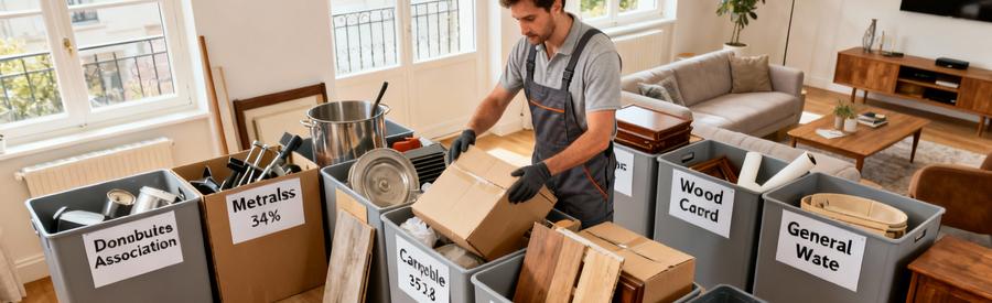 Professionnel triant encombrants par zones : dons, recyclage, valorisation débarras responsable