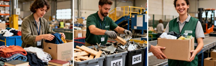 Triptyque tri responsable : don objets viables, recyclage matériaux, remise association caritative