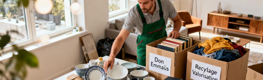 Professionnel triant objets débarras pour dons associations et recyclage, démarche écoresponsable