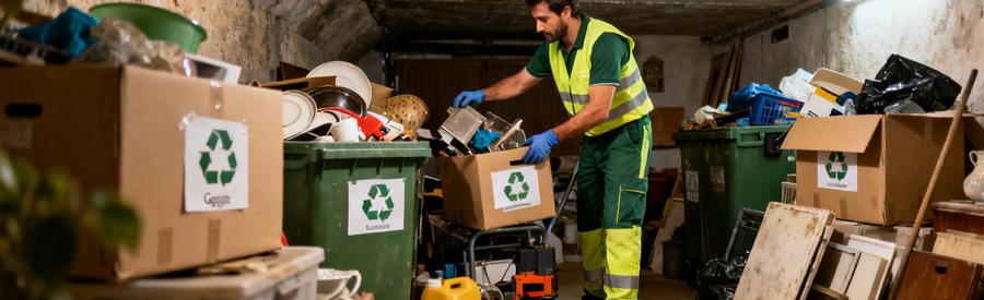 Professionnel effectuant tri sélectif débarras, séparation objets valorisables recyclage évacuation