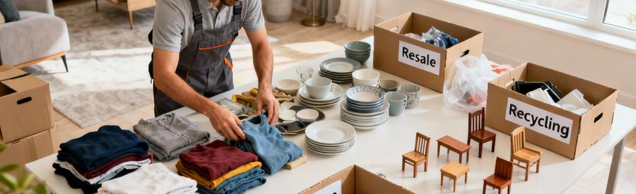 Professionnel triant objets débarras en flux distincts, don revente recyclage organisés