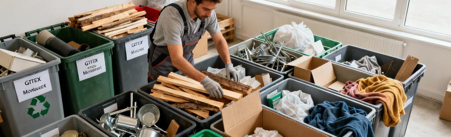 Tri Selectif Debarras Valorisation Montlucon Professionnel triant encombrants par catégories, bois métaux objets réutilisables, débarras responsable