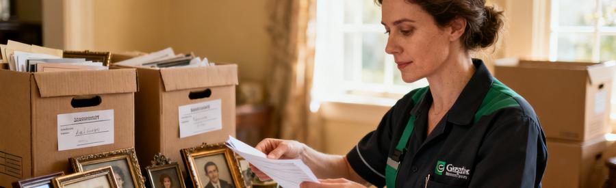 Professionnel triant objets succession avec soin, documents et souvenirs familiaux Hauts-de-Seine