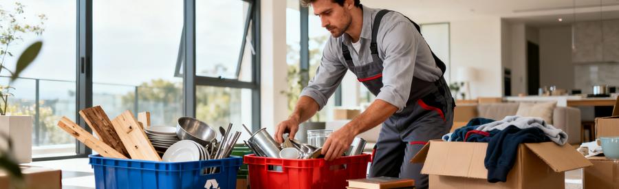 Professionnel triant objets débarras, séparation matériaux recyclables et réutilisables