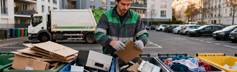 Tri Valorisation Responsable Debarras Paris Professionnel triant objets débarras par catégories recyclage, DEEE et réutilisation, zone tri organisée