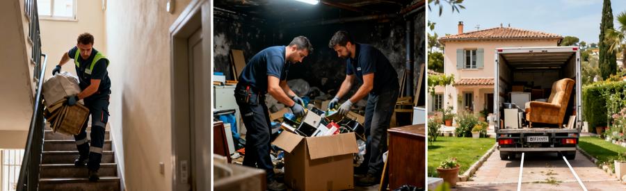 Triptyque débarras Cagnes-sur-Mer : escaliers étage, cave humide, maison complète avec équipes adaptées