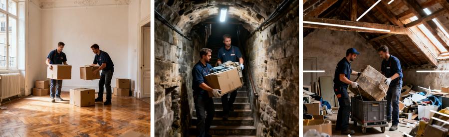 Triptyque débarras Paris 4e : appartement vide, cave voûtée, grenier mansardé avec professionnels