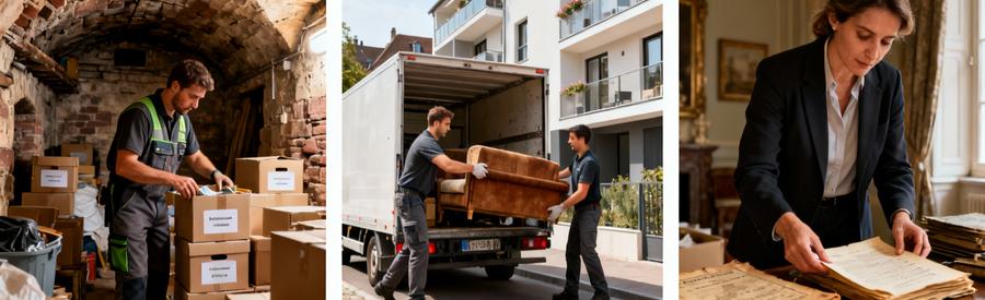 Triptyque prestations débarras Bas-Rhin : cave, logement complet, succession avec professionnels qualifiés