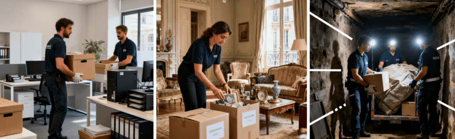 Triptyque débarras Paris 8e : bureaux professionnels, succession haussmannienne, cave difficile d'accès