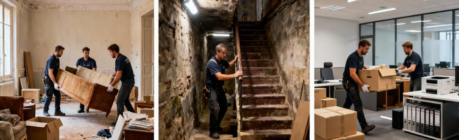 Triptyque types débarras : logement complet, cave partielle, bureaux entreprise Val-de-Marne