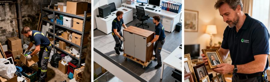 Triptyque débarras Laon : cave encombrée, bureau professionnel, succession avec tri respectueux objets
