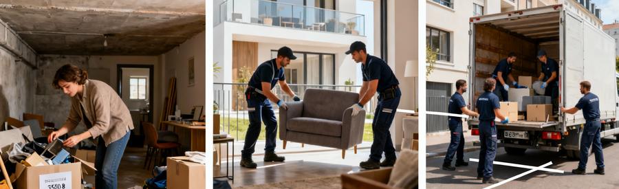 Triptyque types débarras Saint-Quentin : partiel cave, standard appartement, complet maison avec équipes adaptées
