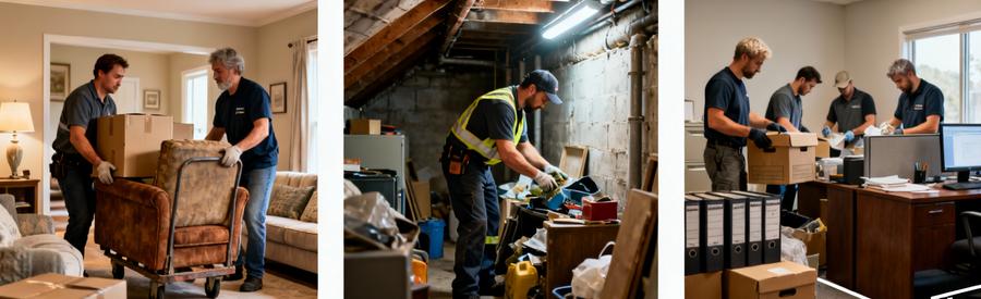 Triptyque interventions débarras : résidentiel, cave-grenier, professionnel avec équipes spécialisées