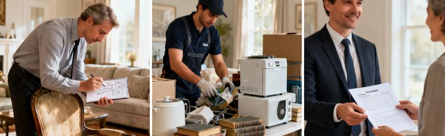 Triptyque valorisation débarras : expertise mobilier, tri objets valeur, présentation devis client