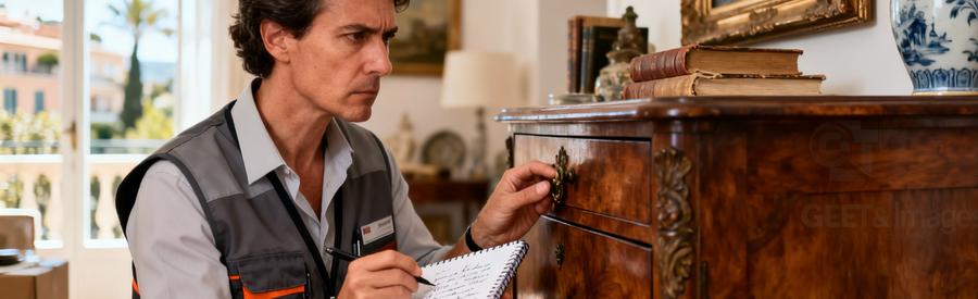 Expert débarras examinant meuble ancien pour estimation valorisation, carnet notes et objets valeur